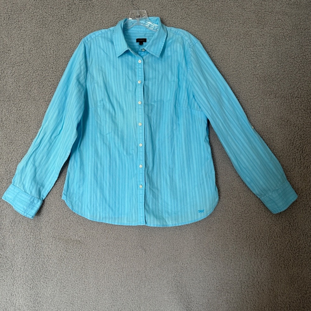 Talbots Button Front Top Women Size 16 Blue Cotton Roll Tab Sleeve Career Casual